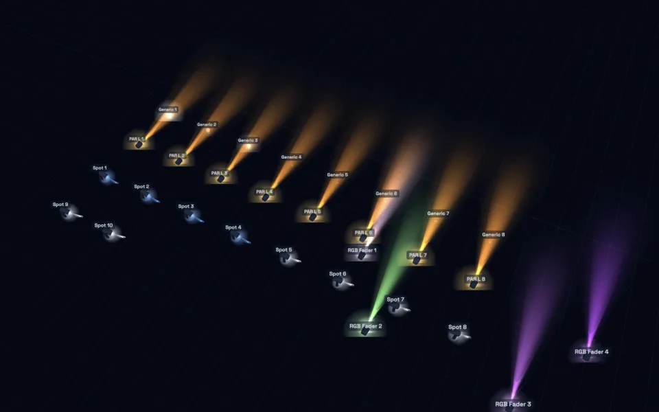3D stage visualizer drawing beams from the real DMX output