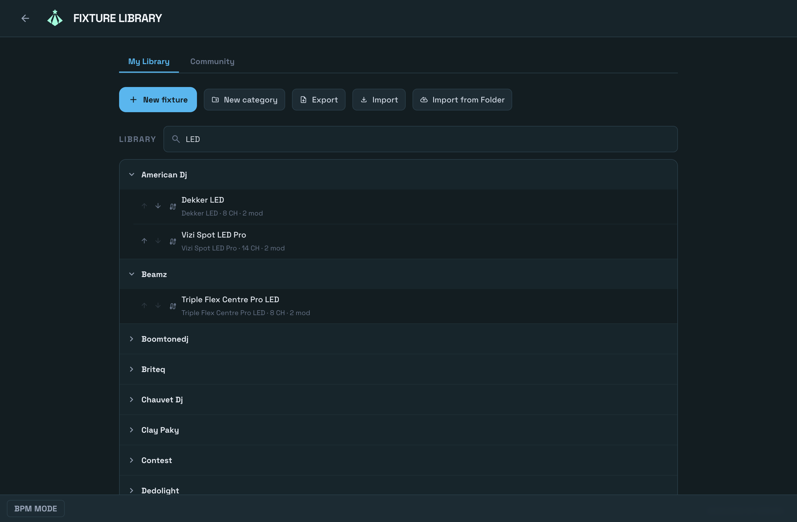 Biblioteca de fixtures con categorías y perfiles de la comunidad