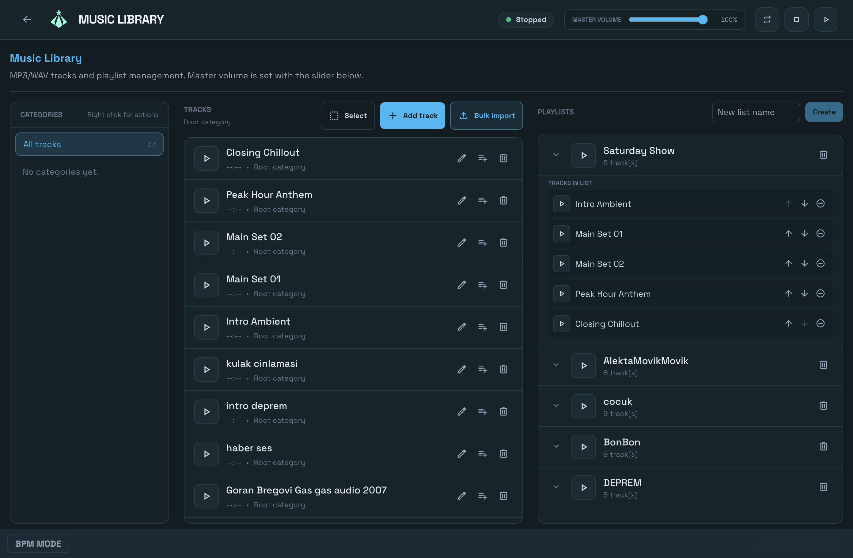 Biblioteca musical con pistas y listas de reproducción