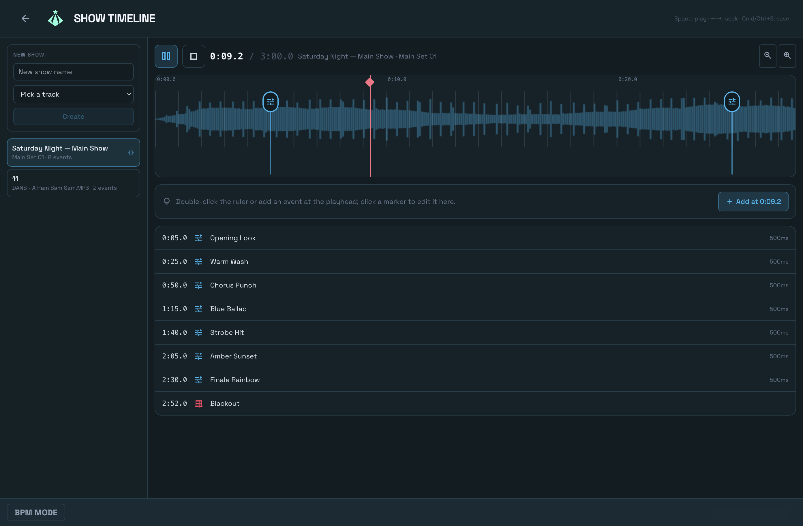 Relackout línea de tiempo del show - audio y cues en una sola línea de tiempo