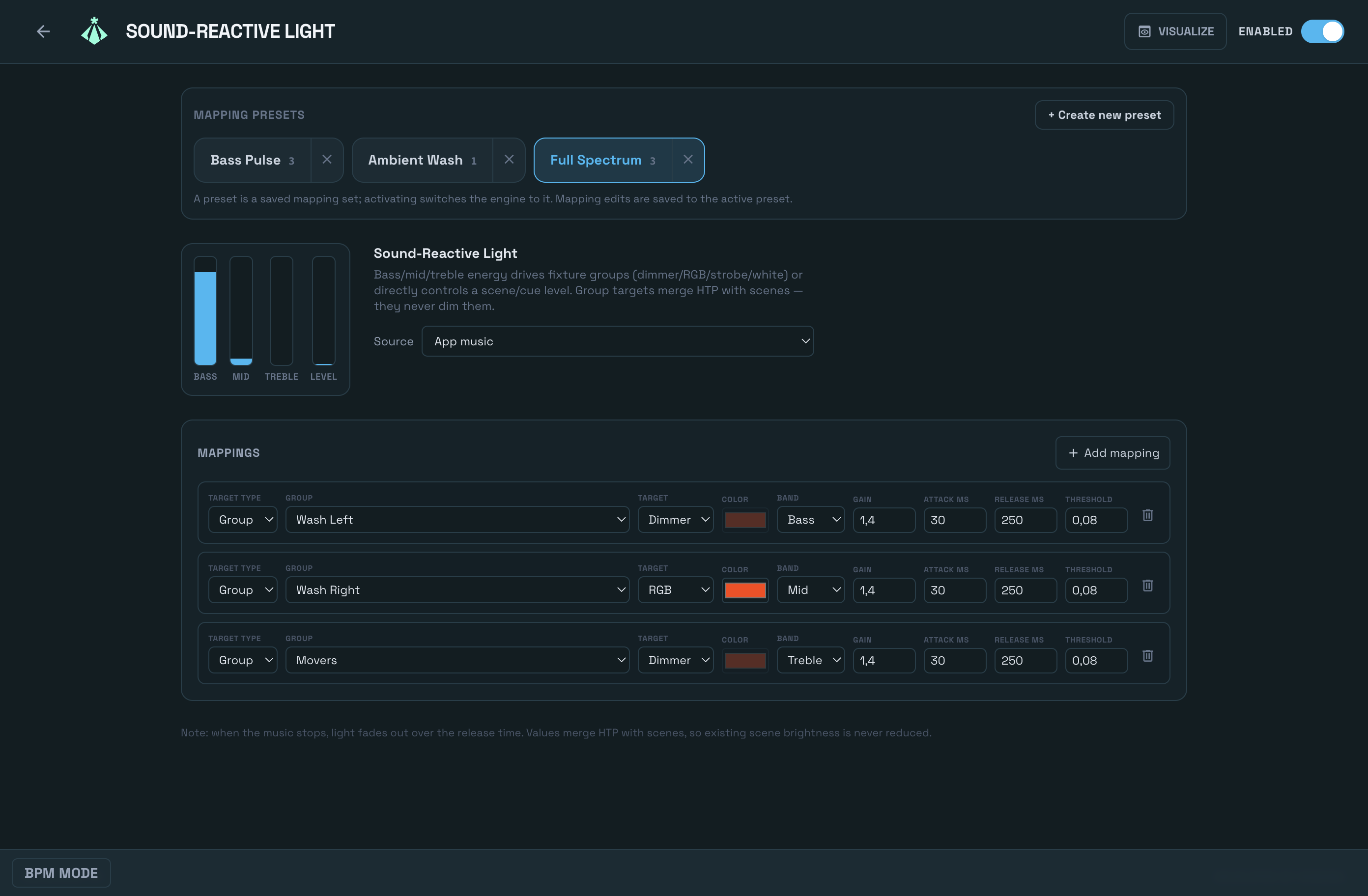 Pantalla de asignación reactiva al audio de Sound-to-Light