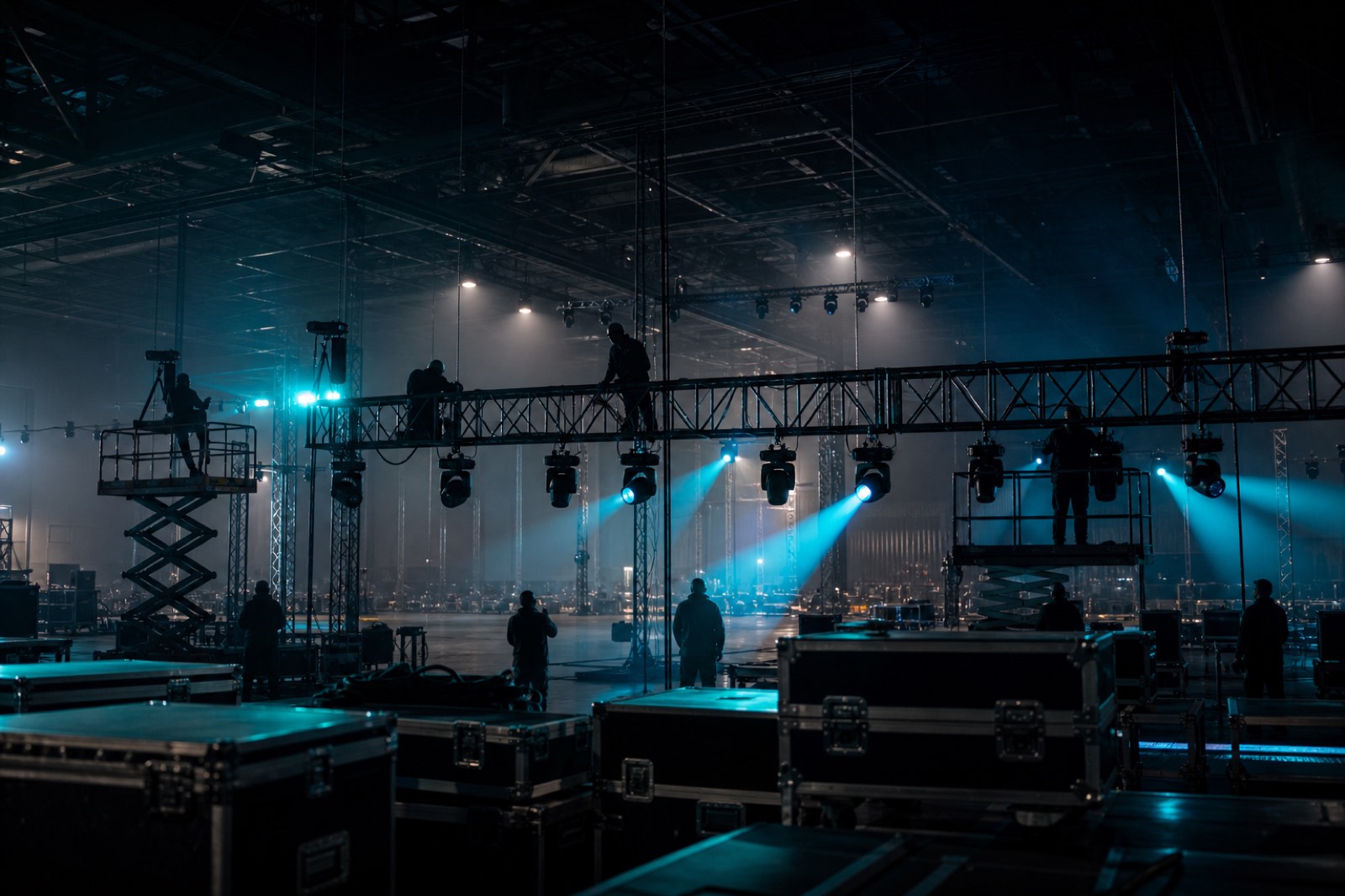 Técnicos montando cabezas móviles en trusses entre road cases antes de abrir puertas