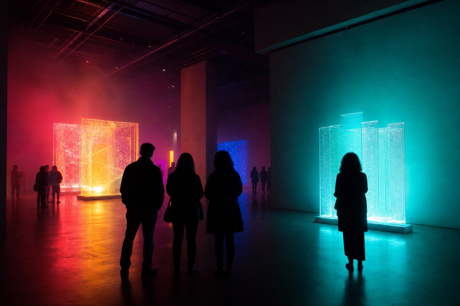 Visitantes en silueta ante instalaciones lumínicas en una galería oscura