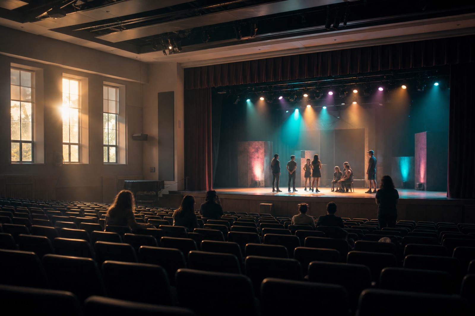 Ensayo en un auditorio escolar con un montaje escénico colorido y estudiantes mirando