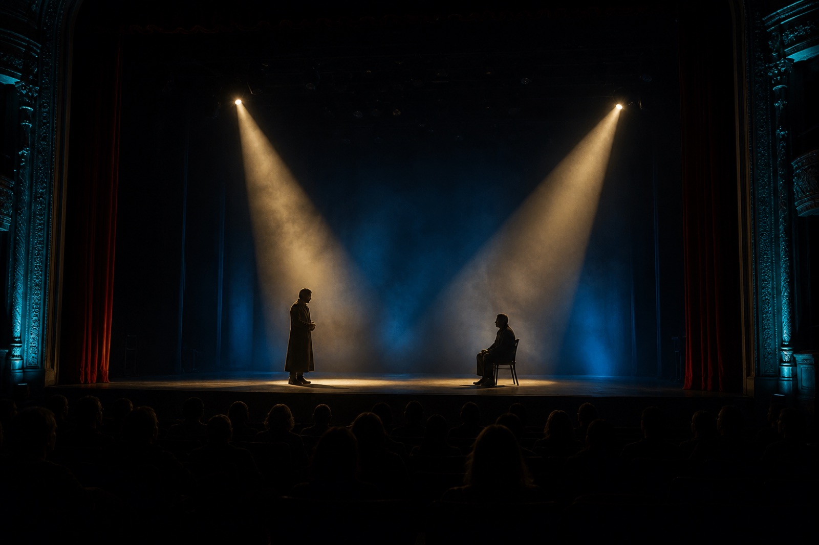 Escenario de teatro con dos actores en focos cálidos precisos sobre un fondo azul